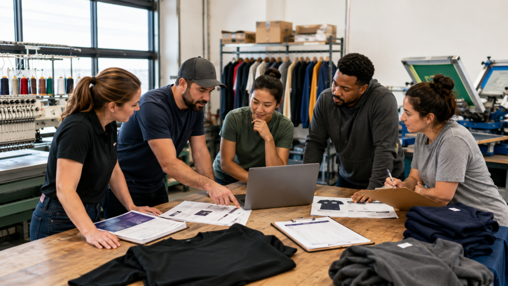 Sales and production teams reviewing a decorated apparel shop order workflow before production begins