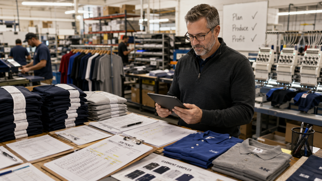 Production manager reviewing organized decorated apparel orders in OnSite during peak season