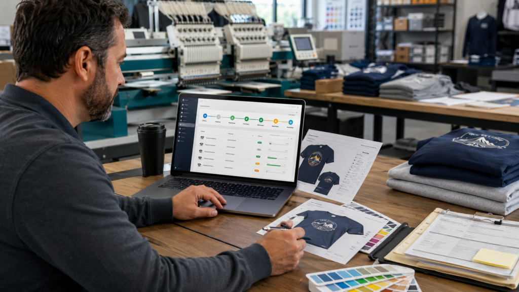 Production manager reviewing decorated apparel workflow and proof approval status