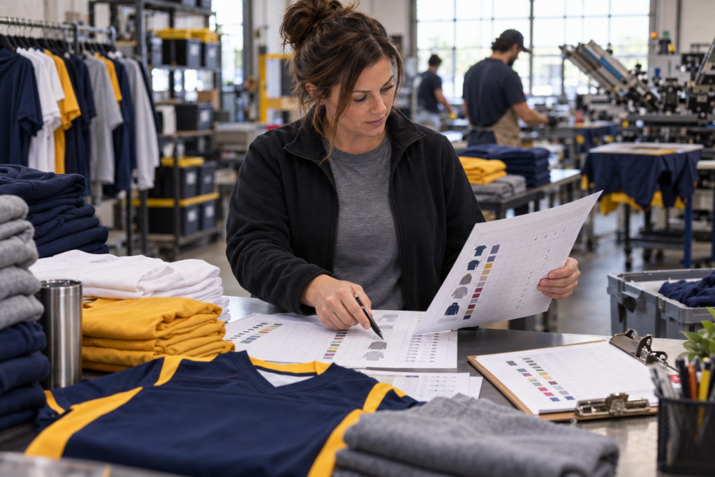 Production manager reviewing back-to-school screen printing orders and apparel size matrices